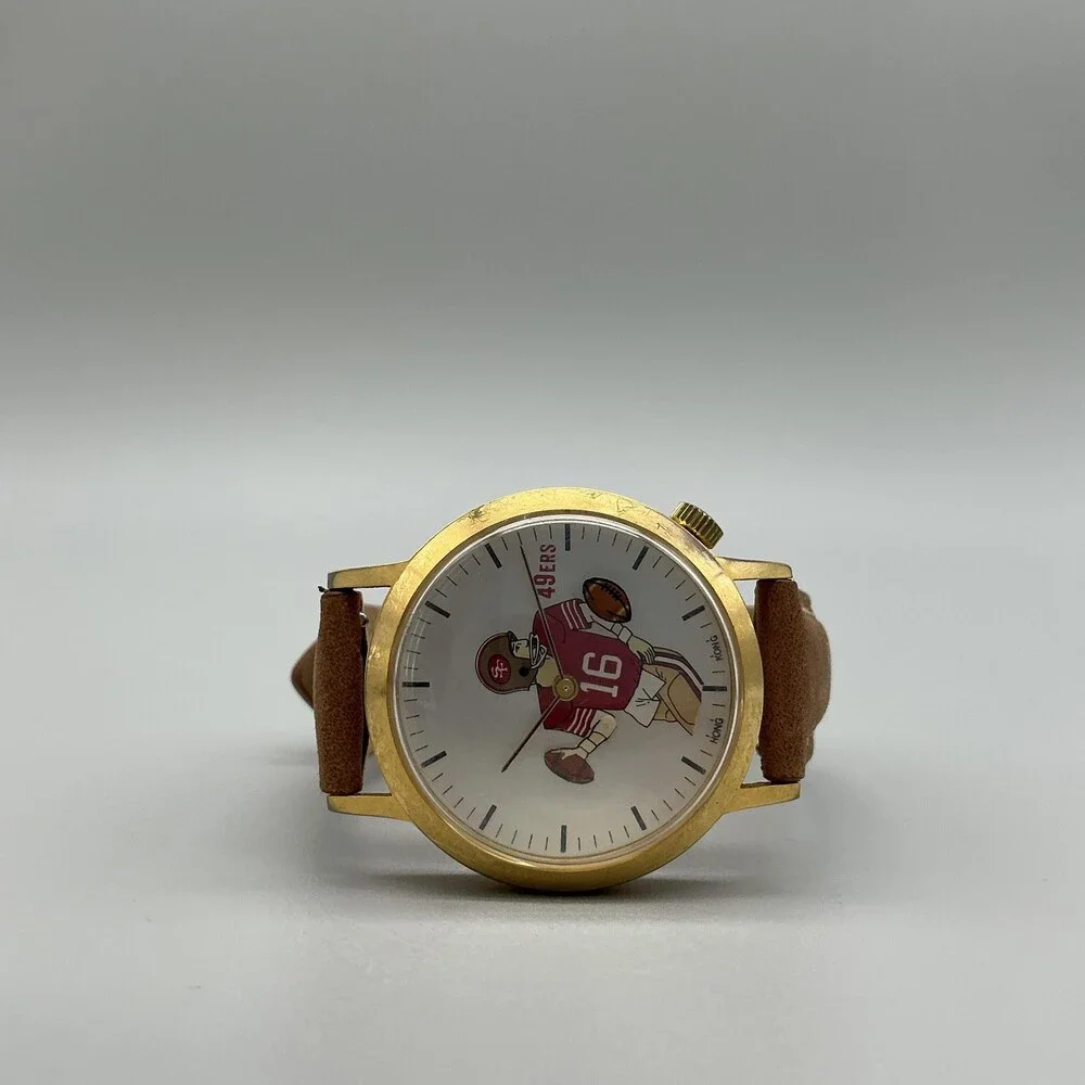 Vintage 49ers Football Mens Watch 35mm Joe Montana 16# Gold Tone Leather Manual
